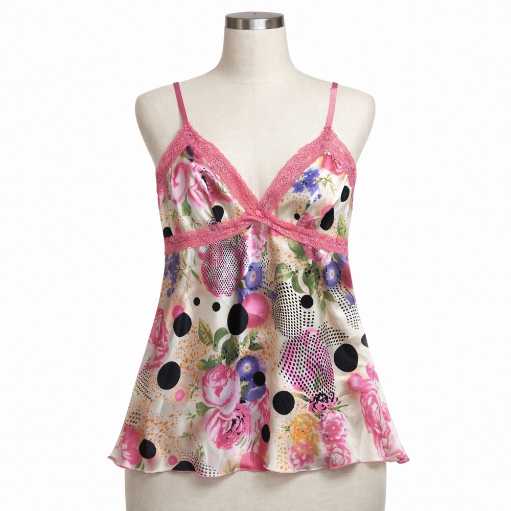 Y2K floral fairycore girly-girl coquette polka dot lace trim babydoll cami